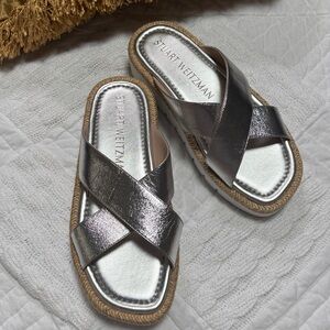 Stuart Weitzman Silver Roza Lift Leather Slide Sandals 6.5B